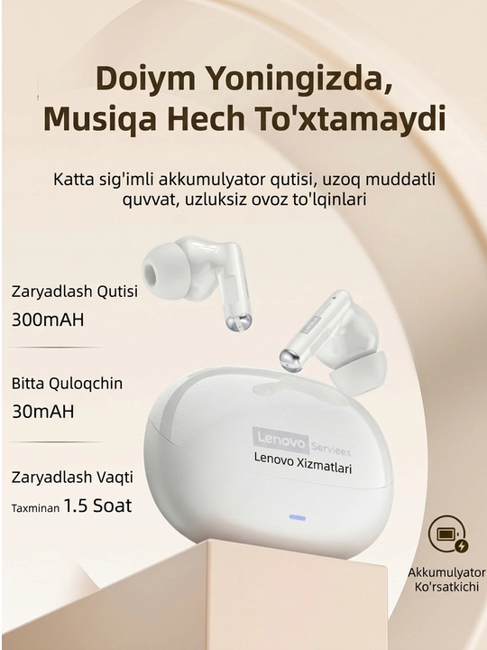 Lenovo LE257 Hi-Fi, ENS+ Simsiz quloqchin, sensorli, bluetooth 6.0, naushnik, stereo