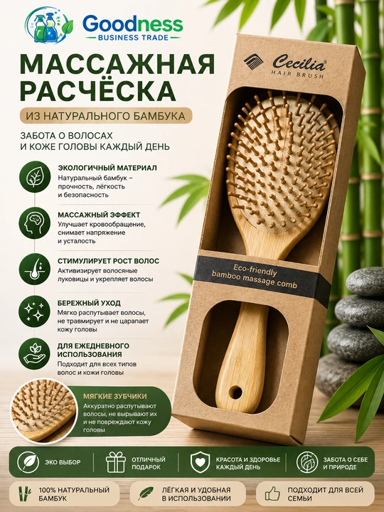 Массажная расчёска для волос из натурального бамбука, мягкие зубчики - 