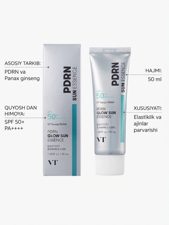 VT PDRN Glow Sun Essence SPF 50+ PA+++ (50 ml) koreys quyoshdan saqlovchi essensiya kremi