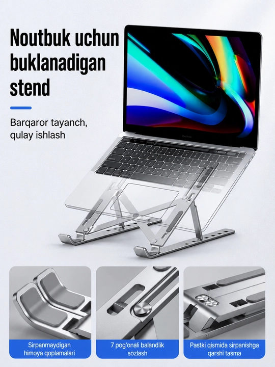 Noutbuk uchun buklanadigan stend, ergonomik, yaxshi shamollatish, balandligi sozlanadi - 