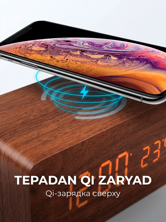 Raqamli stol soati: budilnik, termometr va telefoningiz uchun simsiz quvvatlash paneli