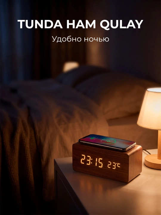 Raqamli stol soati: budilnik, termometr va telefoningiz uchun simsiz quvvatlash paneli
