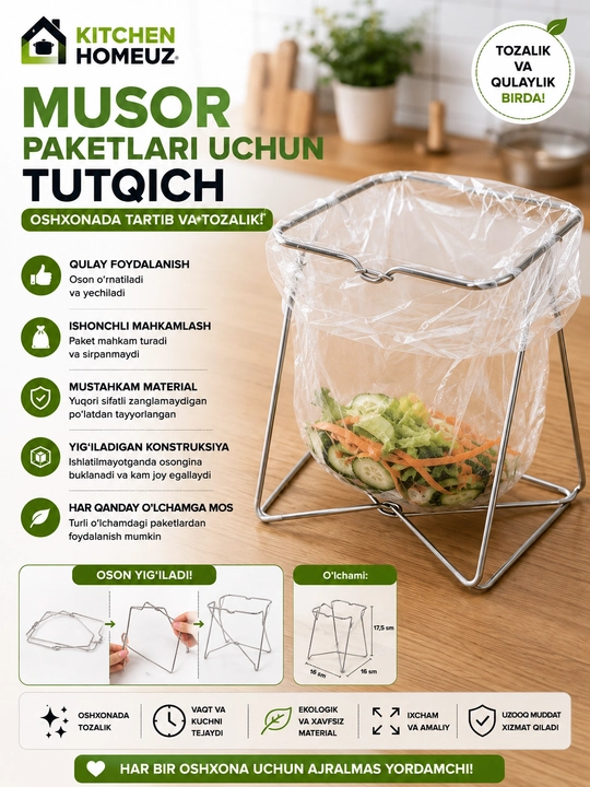 Musor paketlari uchun tutqich — oshxonada tartib va tozalik uchun qulay yechim
