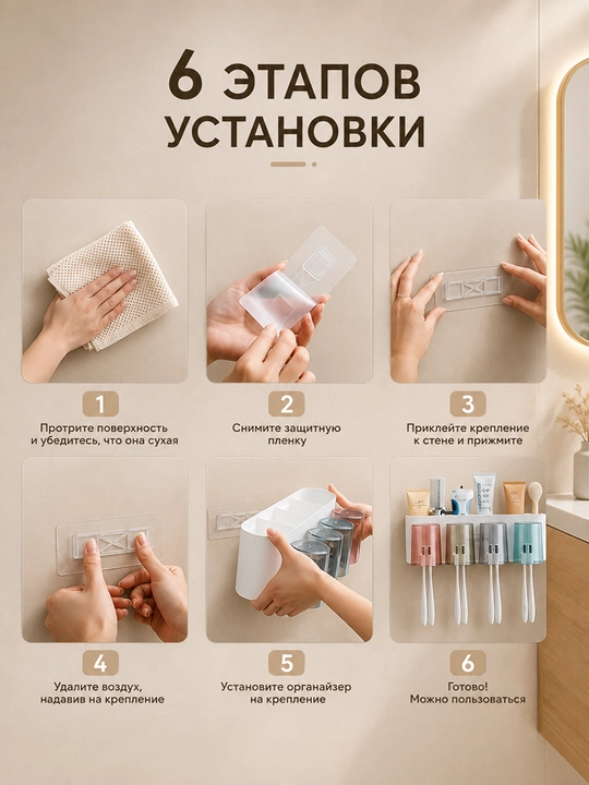 Органайзер для ванной 5 в 1, с дозатором пасты, держателем щеток и полкой