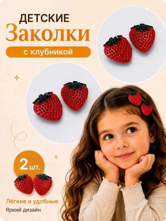 Заколки для волос для девочек, фруктовый, цветочным и с дизайном печенья, 2 шт - 