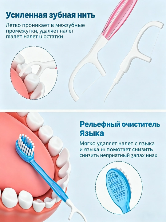 10 dona bir martalik ogʻiz parvarish toʻplami, choʻtka, tish ipi, sayohat va uy uchun