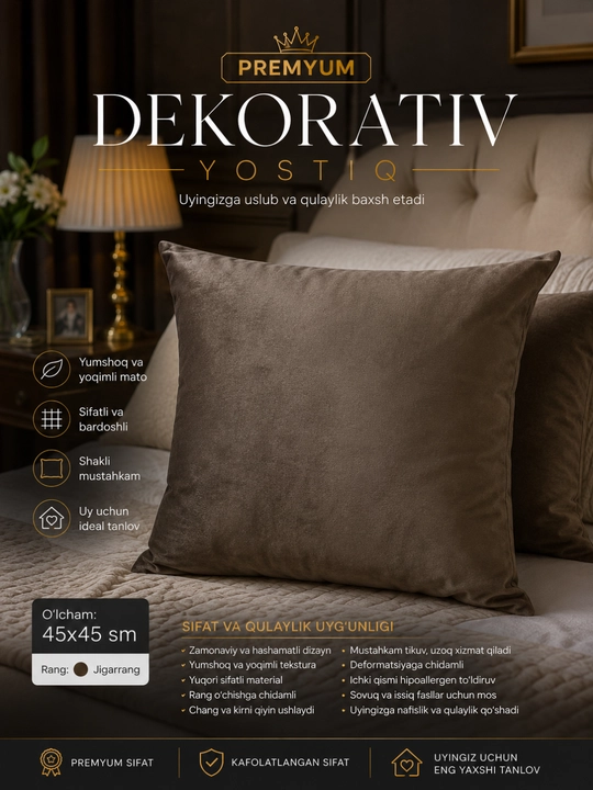 Dekorativ yostiq, 45x45 yostiq, divan yostig‘i, uy dekori - 