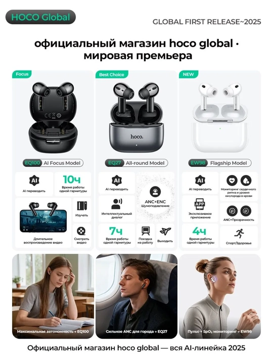 Simsiz quloqchin Hoco EW98 TWS ANC AI tarjima 134 til pulsometr Bluetooth 6.0