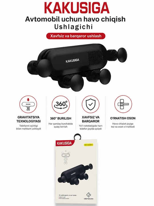 Avtomobil uchun ixcham telefon ushlagichi – ventilyatsiya panjarasiga o‘rnatiladi 360° - 