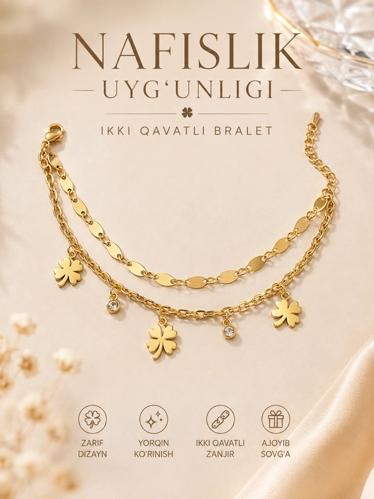 Ayollar uchun nafis braslet, oltin rangli, ko‘p qatlamli zanjirli bezakli