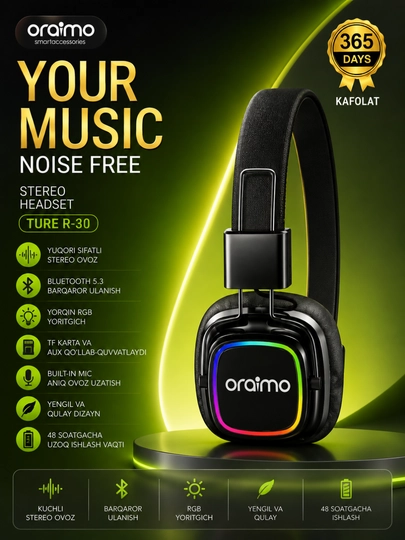 Oraimo TURE R-30 Simsiz Bluetooth Naushnik, RGB, Mikrofon, Stereo Ovoz, 48 Soat - 