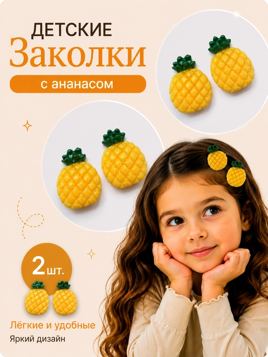 Заколки для волос для девочек, фруктовый, цветочным и с дизайном печенья, 2 шт - 