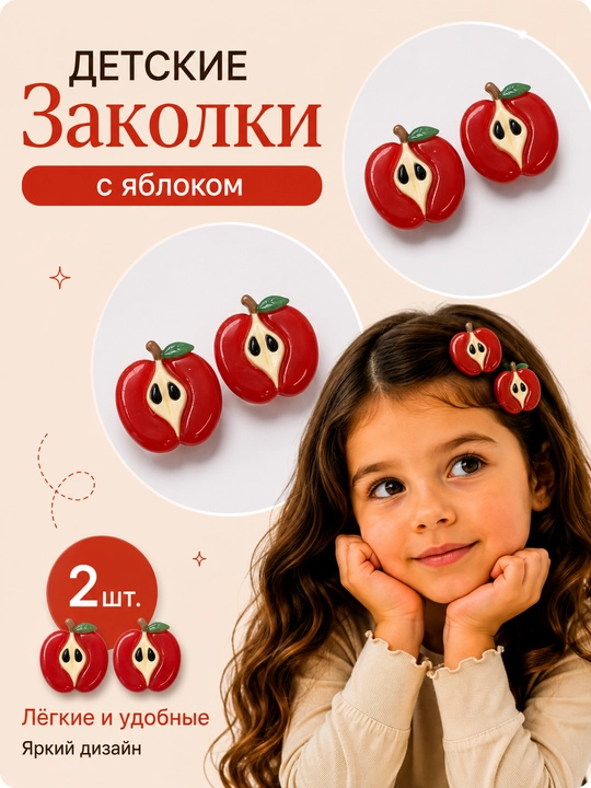 Заколки для волос для девочек, фруктовый, цветочным и с дизайном печенья, 2 шт - 