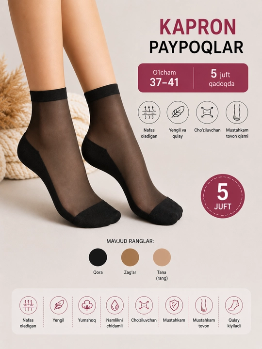 Ayollar uchun kapron paypoq, 37-41, 5 juft, qora, keng, yengil. kapron naski