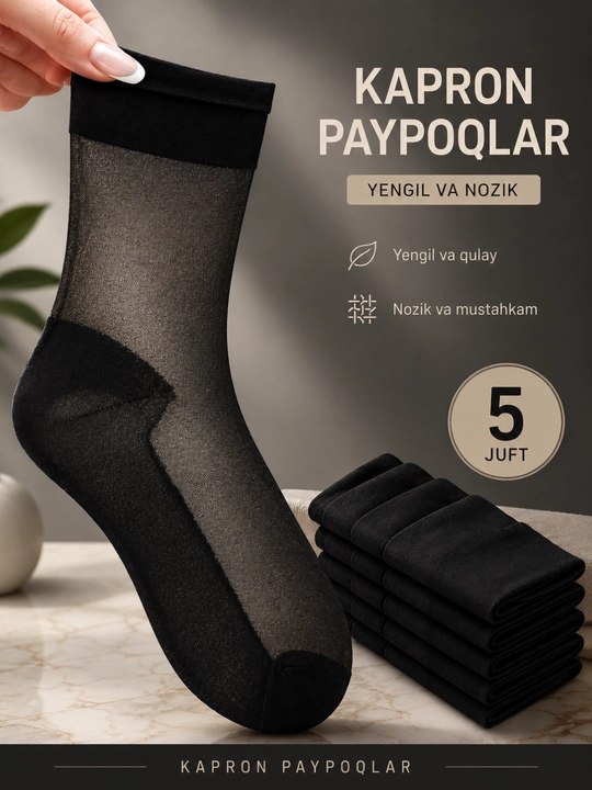 Ayollar uchun kapron paypoq, 37-41, 5 juft, qora, keng, yengil. kapron naski