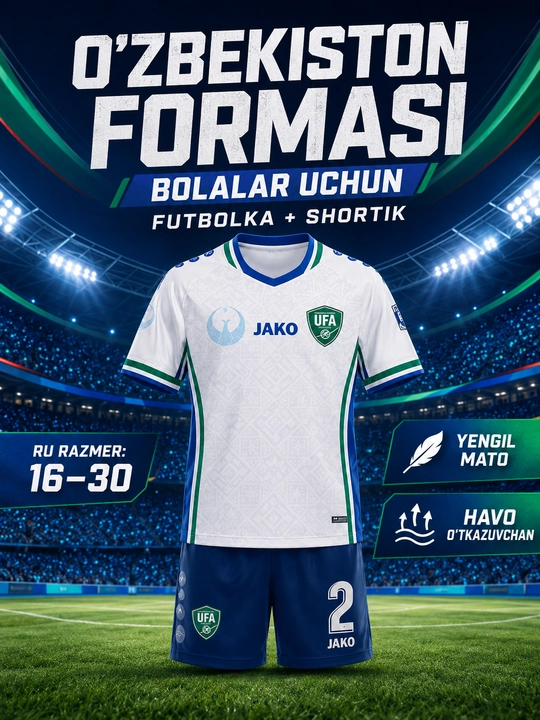 Bolalar uchun Futbol formalari O'zbekiston terma jamoasi, uy va safar uchrashuvlari uchun - 