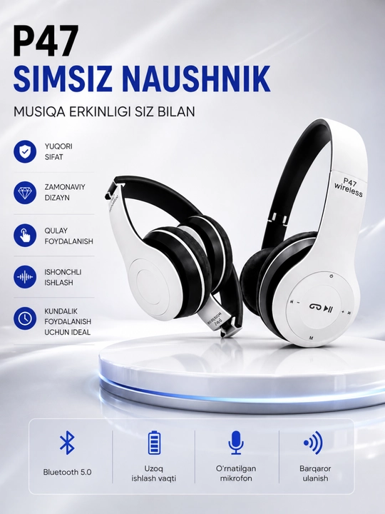 Stereo ovoz, TF karta, AUX va mikrofonli P47 Bluetooth simsiz quloqchinlari - 