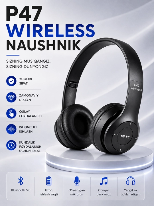 Беспроводные наушники P47 Bluetooth со стереозвуком, TF-картой, AUX и микрофоном - 
