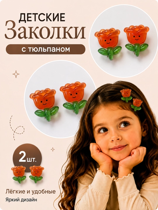 Заколки для волос для девочек, фруктовый, цветочным и с дизайном печенья, 2 шт - 
