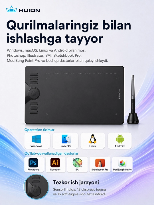 Grafik plansheti Huion HS610 10"x6.25", microUSB, qora