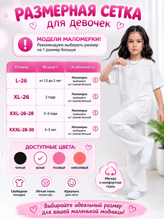1,5 - 4 yoshgacha bo‘lgan qizlar uchun pijama, to‘plam: futbolka va keng palatsso shimi - 