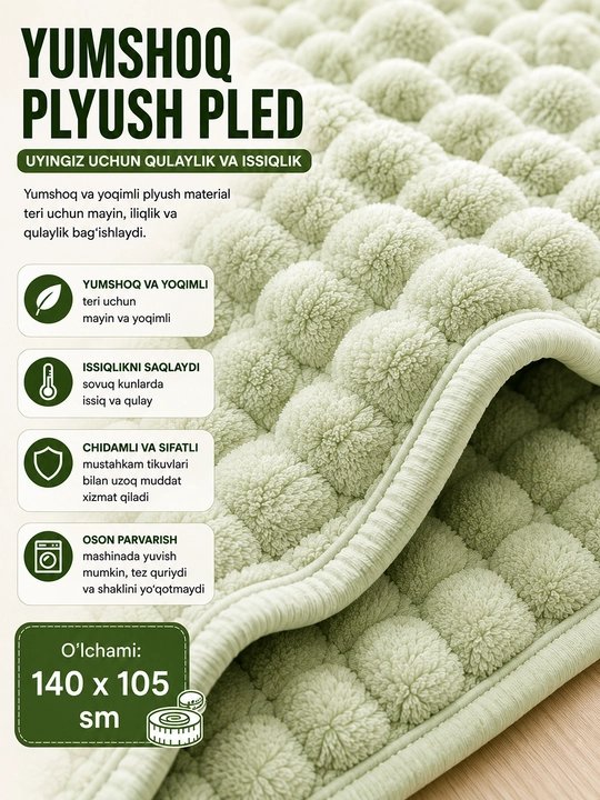 Yumshoq Plyush Pled 140×105 sm — issiq, qulay va yoqimli adyol