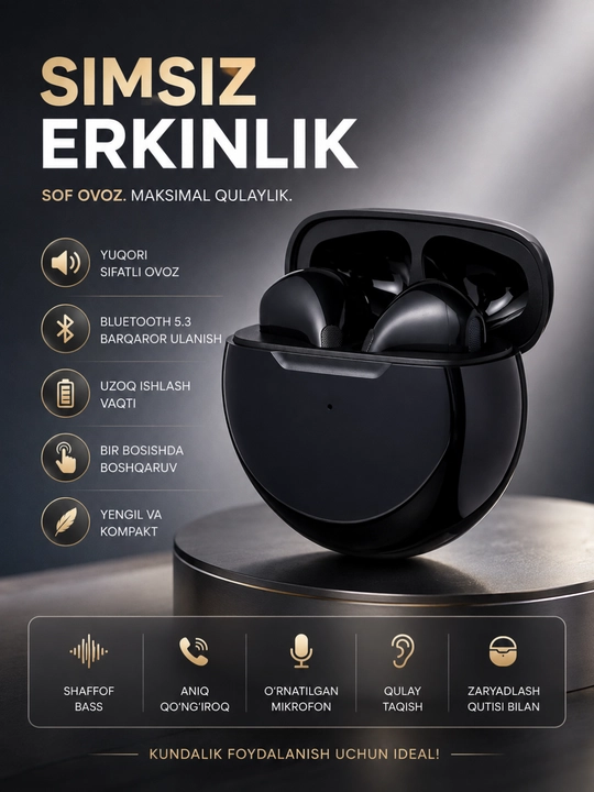 Pro 6 Bluetooth 5.3 simsiz TWS quloqchinlari sensorli boshqaruv va quvvatlash qutisi bilan - 