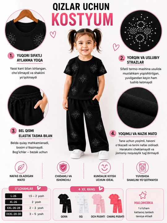 1,5 - 4 yoshgacha bo‘lgan qizlar uchun pijama, to‘plam: futbolka va keng palatsso shimi