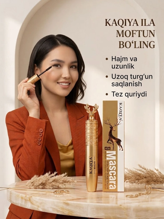 Тушь для ресниц KAQIYA Mascara объем и удлинение, дизайн золотого оленя, черная цвет 