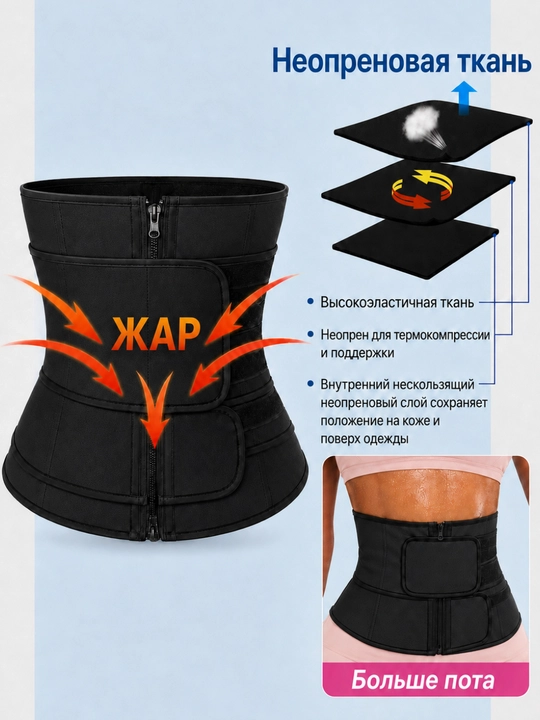 Корсет для похудения на молнии с липучками, черный фитнес пояс для женщин, L размер
