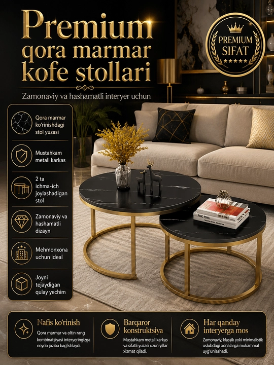 Jurnal stollari to‘plami, stolcha to‘plami, mehmonxona uchun stol, organayzer stol 70*70*45 sm - 
