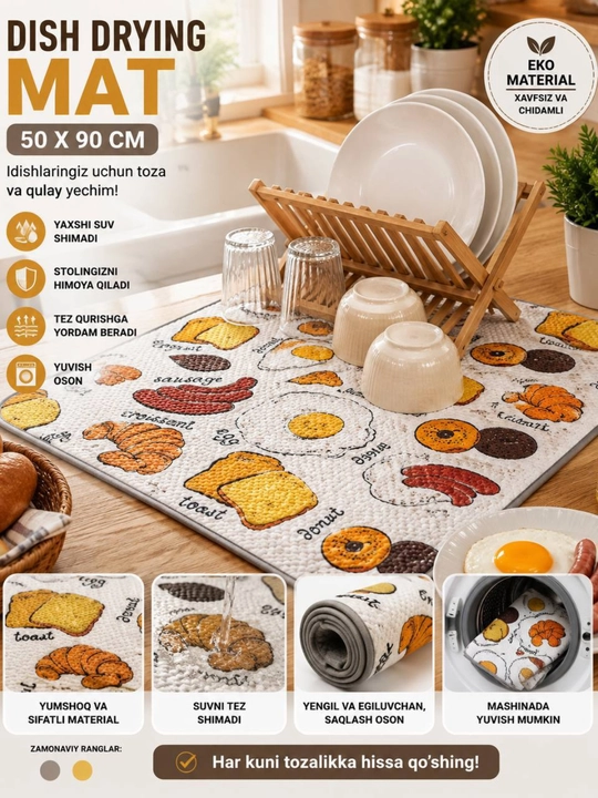 Oshxona uchun idish quritadigan mikrofibra gilamcha, suv shimidigan gilamcha (50x90 sm) - 