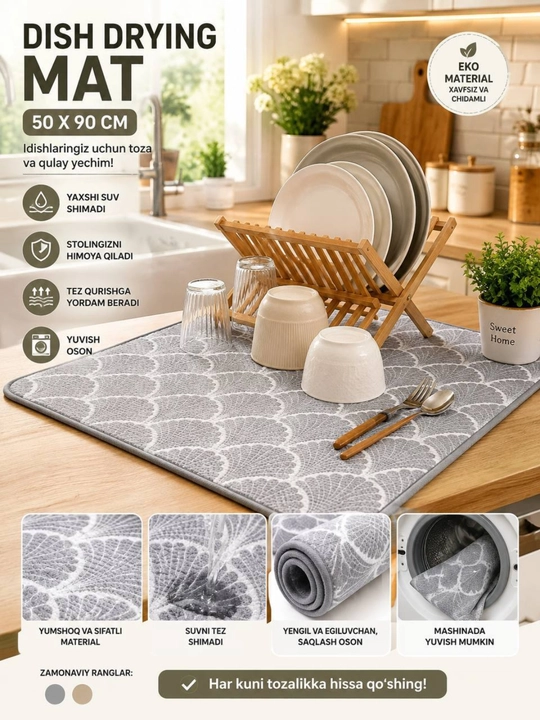 Oshxona uchun idish quritadigan mikrofibra gilamcha, suv shimidigan gilamcha (50x90 sm) - 