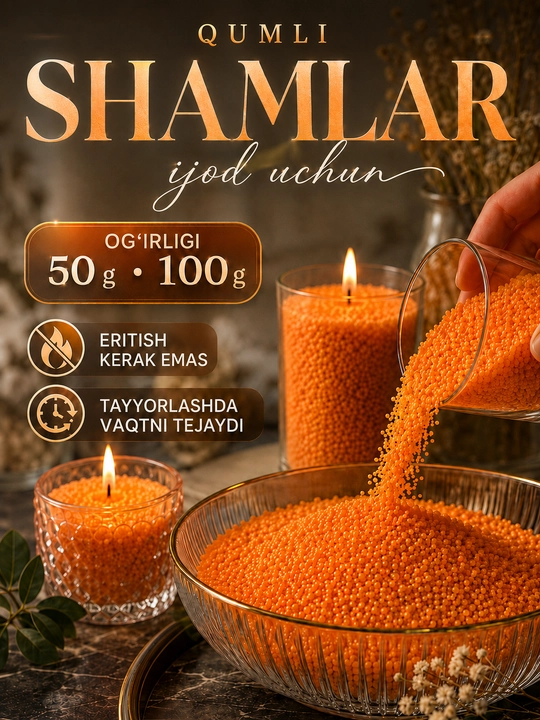 Qumli shamlar, sham tayyorlash uchun donador o‘simlik mumi, granulalari