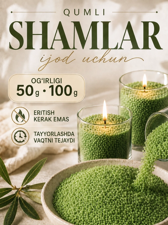 Qumli shamlar, sham tayyorlash uchun donador o‘simlik mumi, granulalari