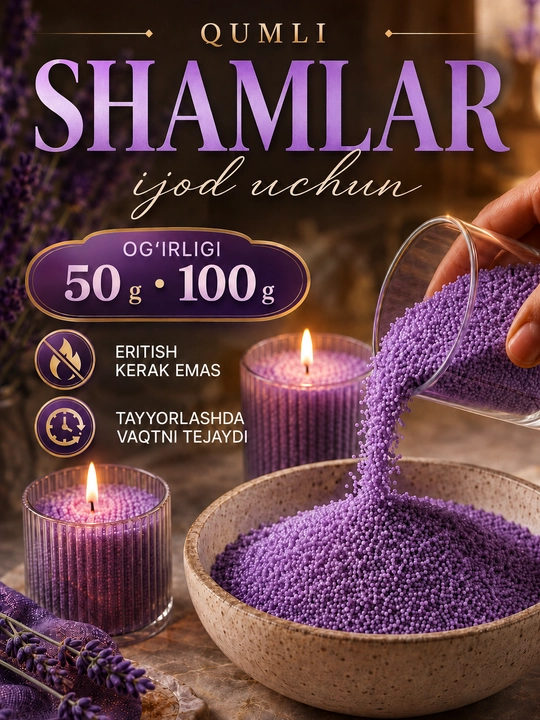 Qumli shamlar, sham tayyorlash uchun donador o‘simlik mumi, granulalari