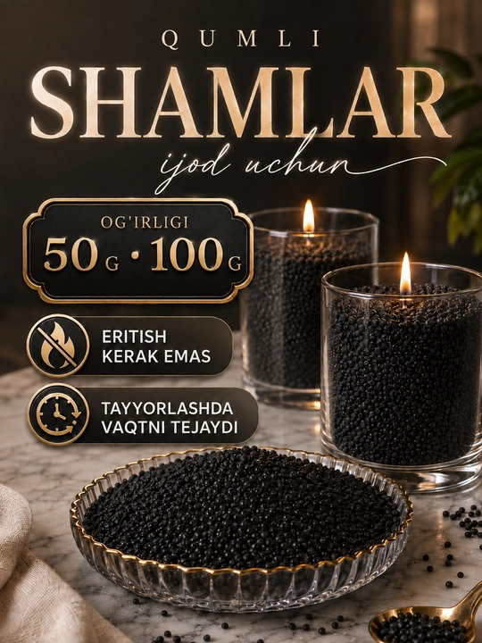 Qumli shamlar, sham tayyorlash uchun donador o‘simlik mumi, granulalari