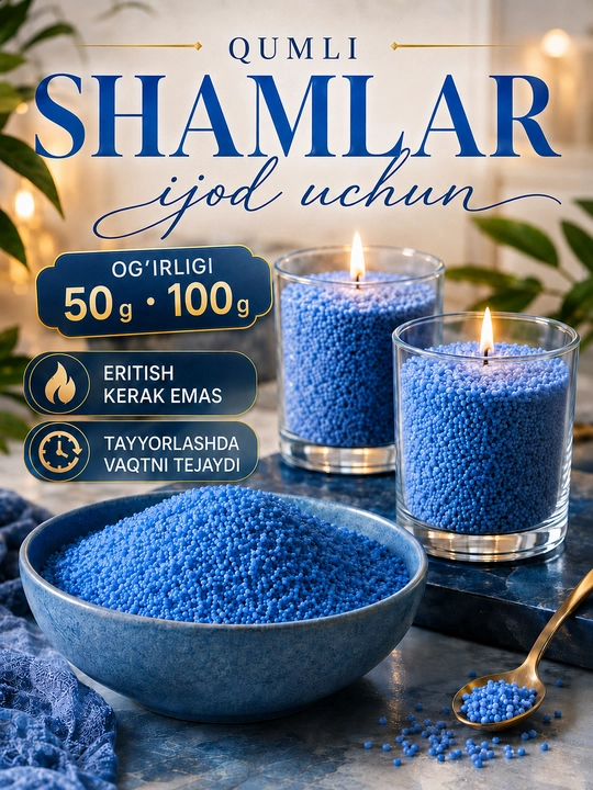 Qumli shamlar, sham tayyorlash uchun donador o‘simlik mumi, granulalari