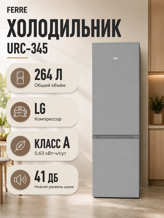 Холодильник Ferre URC-345, 264 литра, двухкамерный, 41 дБ, LG компрессор - 