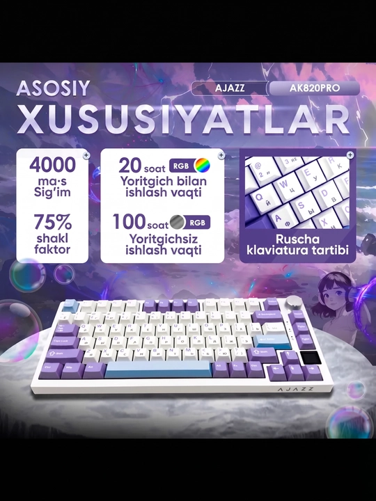 AJAZZ AK820 Pro mexanik klaviaturasi, o‘yin, simli, simsiz, Bluetooth, RGB