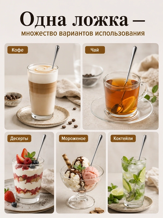 Uzun choy qoshiqlar, 6 tadan iborat to'plam, latte, kokteyllar, shirinliklar va muzqaymoq
