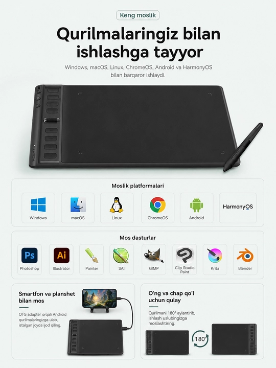 Grafik planshet Huion H951P, 8.7"x5.4", qora