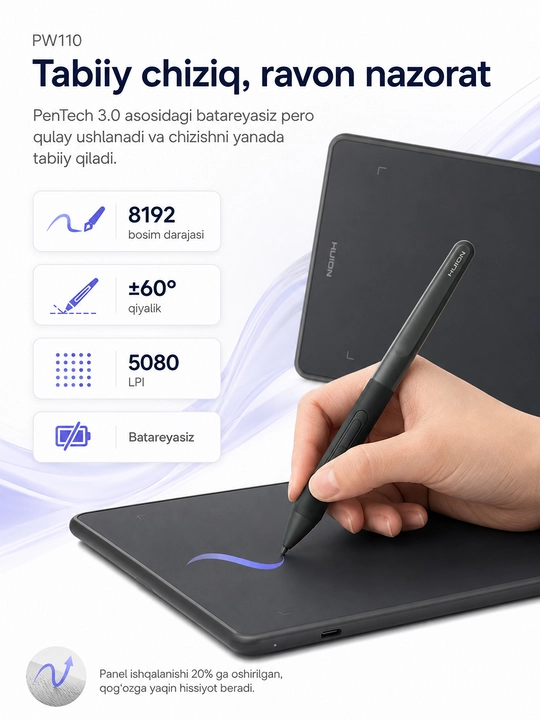 Grafik planshet Huion H951P, 8.7"x5.4", qora