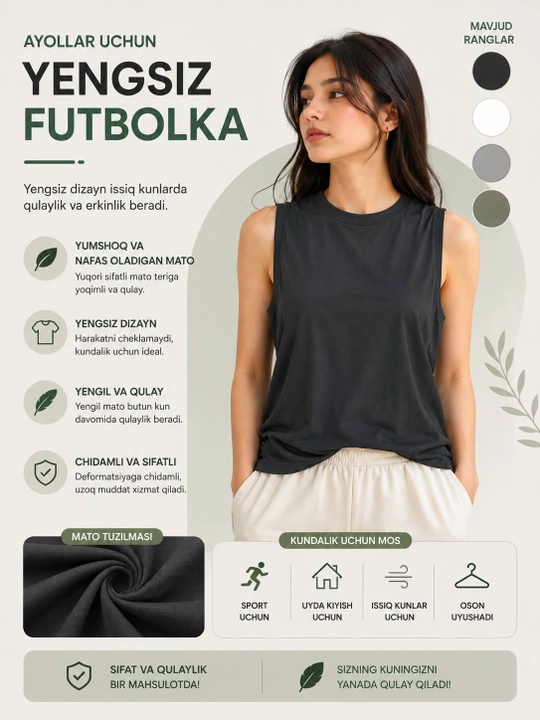 Ayollarning yengsiz futbolkasi, hijob ostida kiyiladi