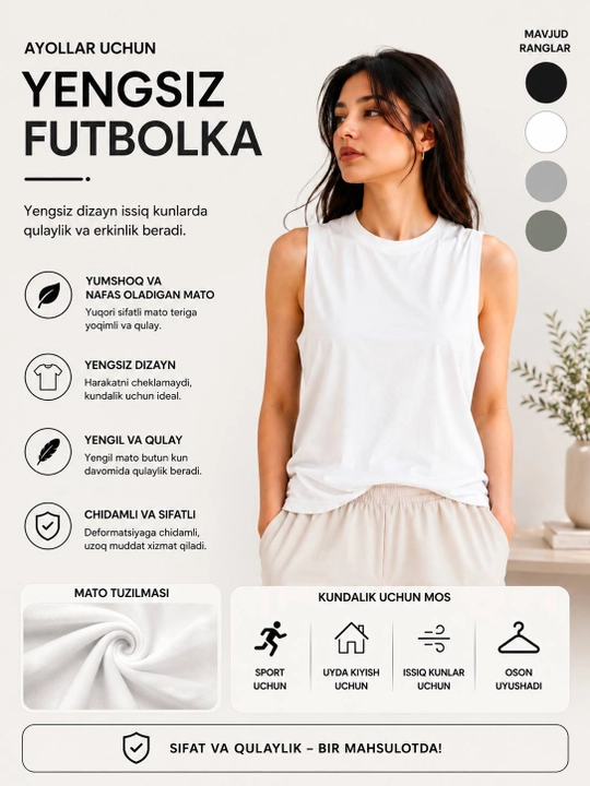 Ayollarning yengsiz futbolkasi, hijob ostida kiyiladi