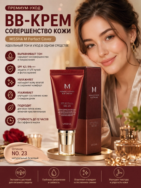 MISSHA M Perfect Cover SPF 42 BB-krem, №23 rang, parvarishlovchi tonal krem - 