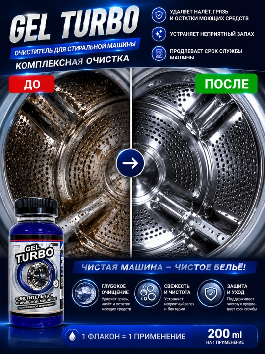 GEL TURBO kir yuvish mashinasi tozalagichi – kompleks tozalash vositasi