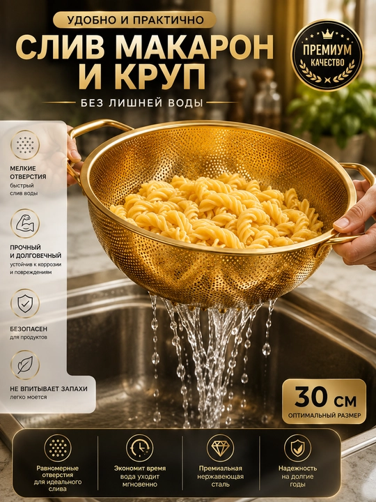 Oltin rangli zanglamaydigan po‘latdan durshlag, oshxona uchun katta kolander — 30 sm