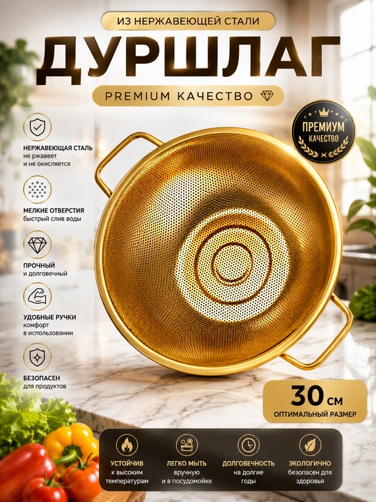 Oltin rangli zanglamaydigan po‘latdan durshlag, oshxona uchun katta kolander — 30 sm - 