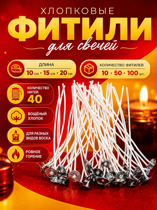 Хлопковые вощеные фитили для свечей с металлическим держателем - 